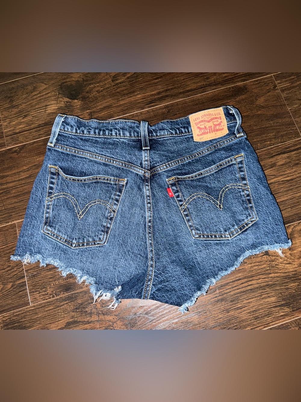 Levi's Dark Blue High-Rise Frayed Hem Denim Shorts 501